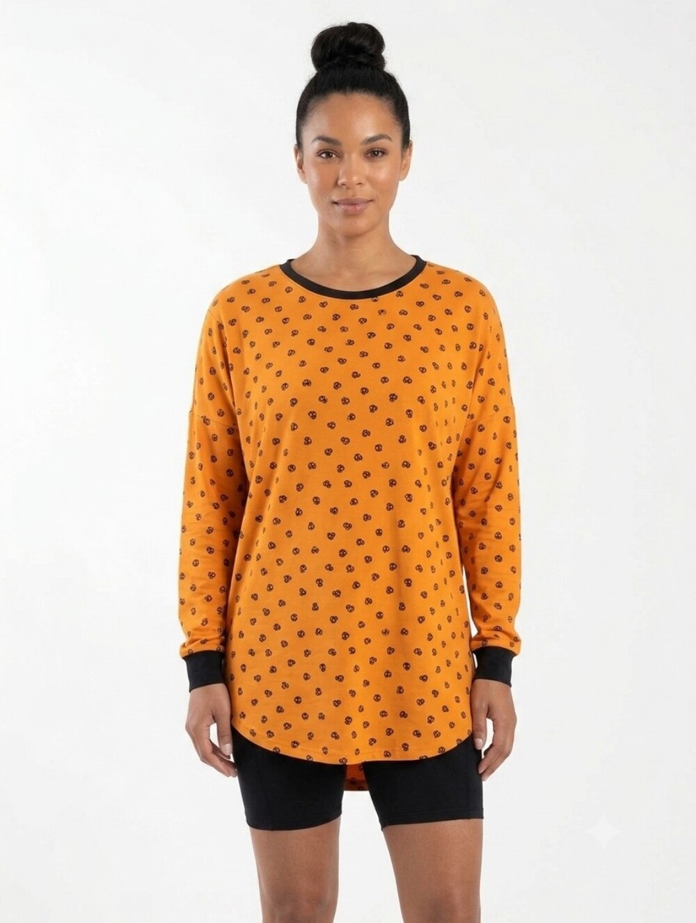 Women's Orange Long-Sleeve Printed Skulls Perfect For Halloween Up To Size 3XL